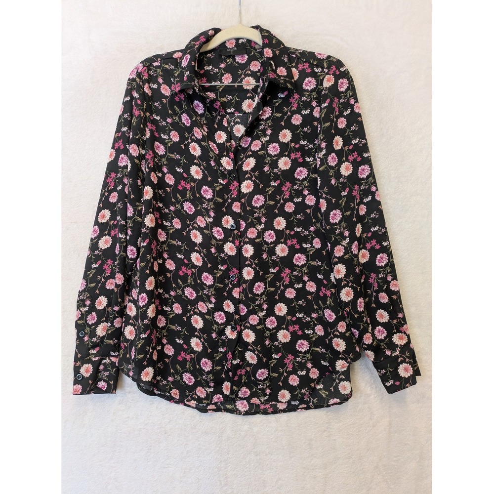 Tahari Women's Size S Black Pink Floral Button Down Blouse Long Sleeve